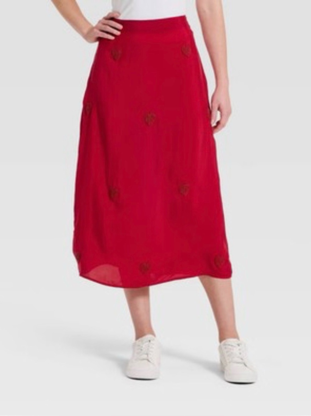 A New Day Red Embroidered Heart Midi Skirt